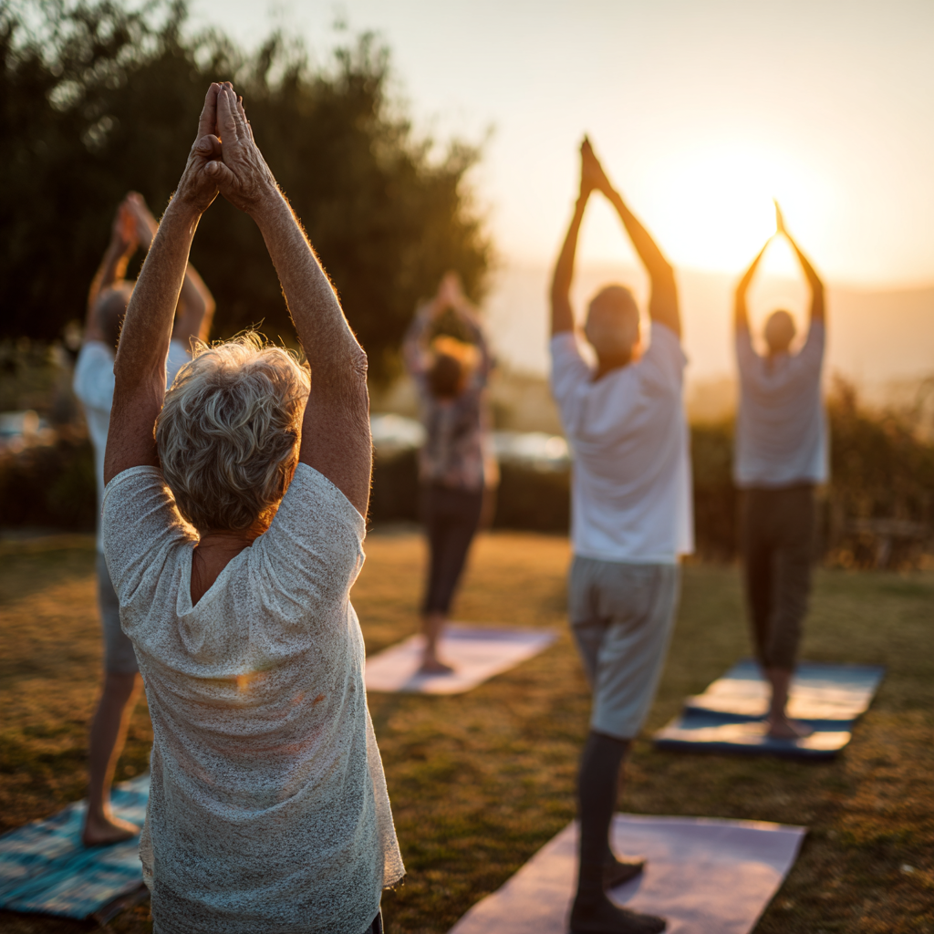 Group of mature adults enjoying peaceful yoga practice in natural outdoor setting